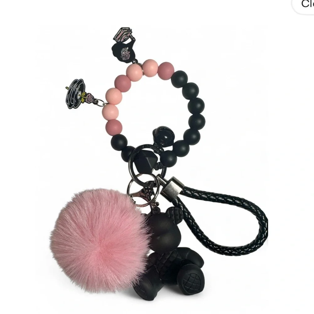 Pink & Black Beaded Pom-Pom and Black Bear Keychain Wristlet - Picture 2 of 7
